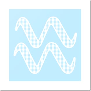 Aquarius Zodiac Horoscope Symbol in Pastel Blue and White Gingham Pattern Posters and Art
